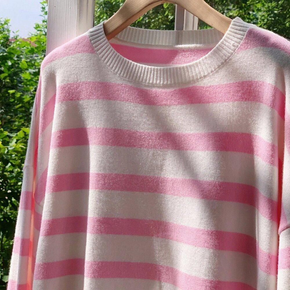 Pink & white Casual Women's Striped knit Sweater and Shorts Set - Picture 4 of 8